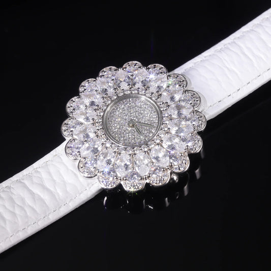 Watch for Women 925 Sterling Silver D Color Moissanite Diamond Flower Bracelet Watch 