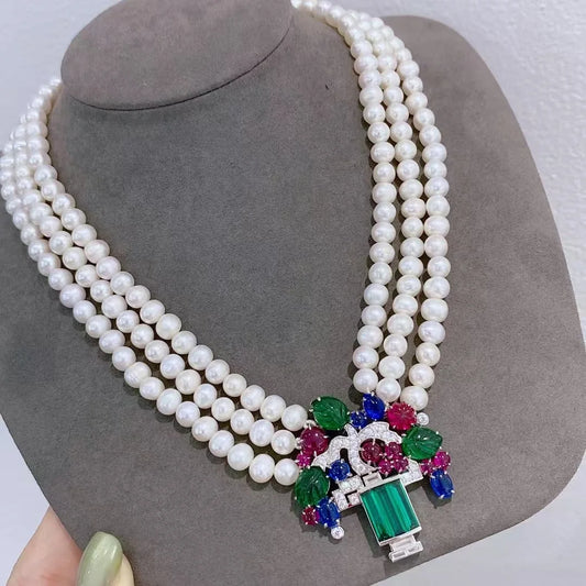 Three Layer Pearl Beads Chain Fruit Style 925 silver Necklaces