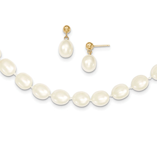 14K 7-8MM Semi-Round FW Cultured Pearl 18 In. Necklace & Post Earring Set 